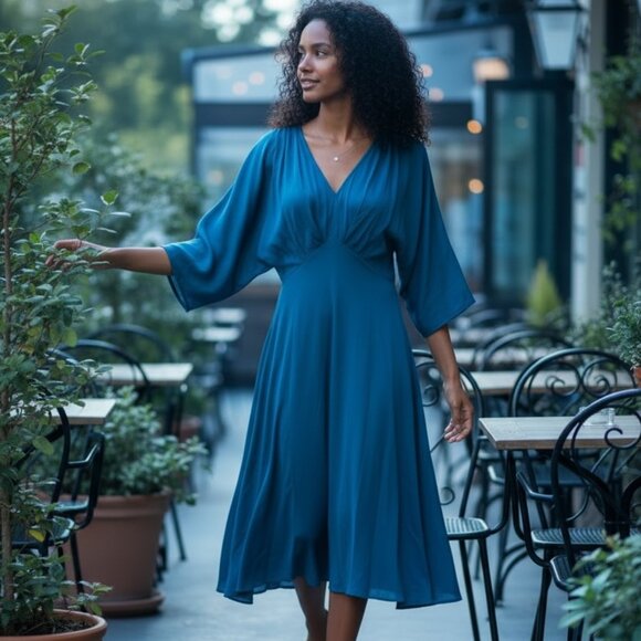 Strut & Bolt Dresses & Skirts - Strut & Bolt Women’s S Midnight Blue Satin Midi V-Neck Dress NWT Flare Sleeves